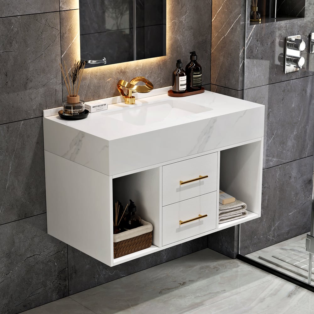 Bathroom Vanity Set 35.4" Modern Floating Sintered Stone Bathroom Vanity White with Sink window image