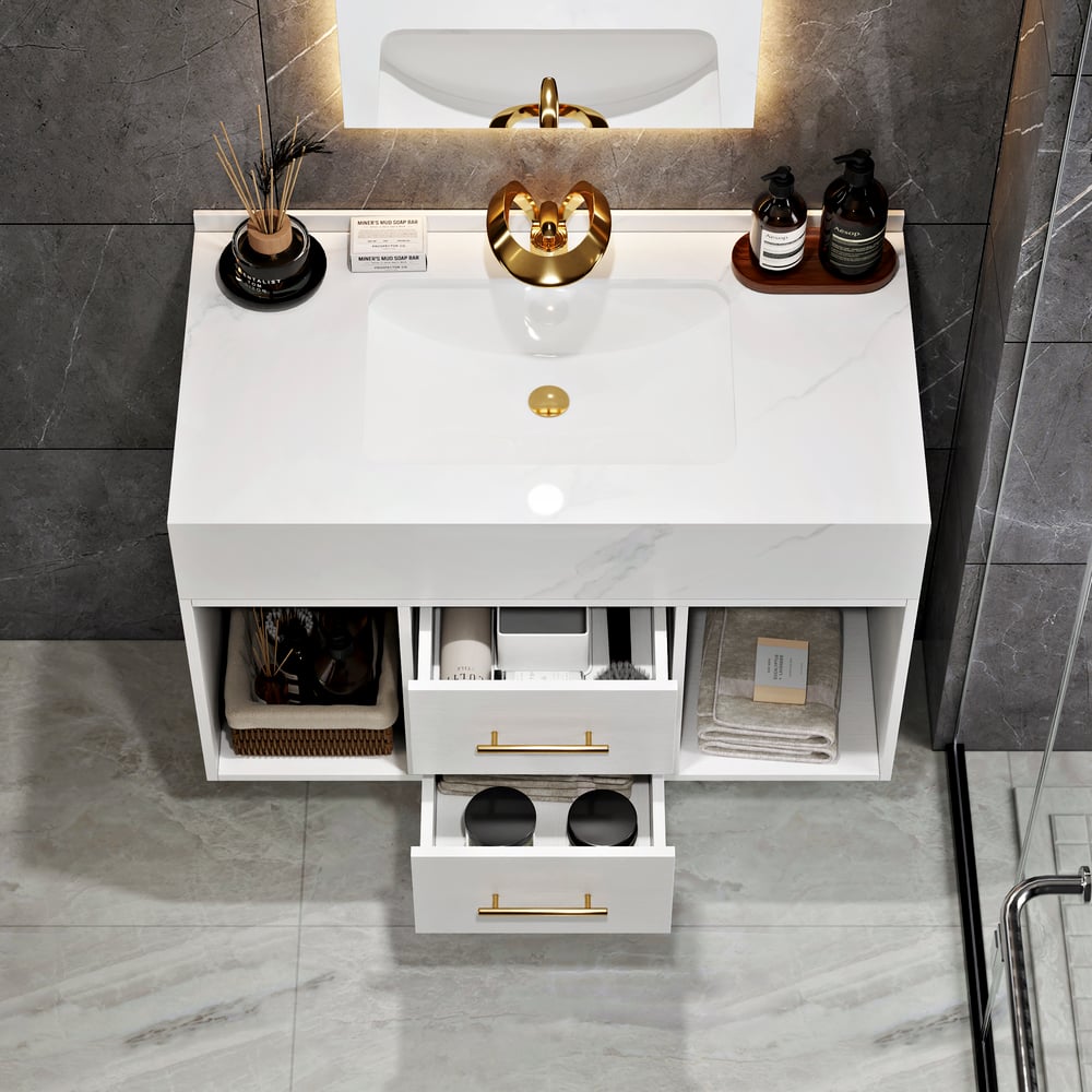 Bathroom Vanity Set 35.4" Modern Floating Sintered Stone Bathroom Vanity White with Sink window image