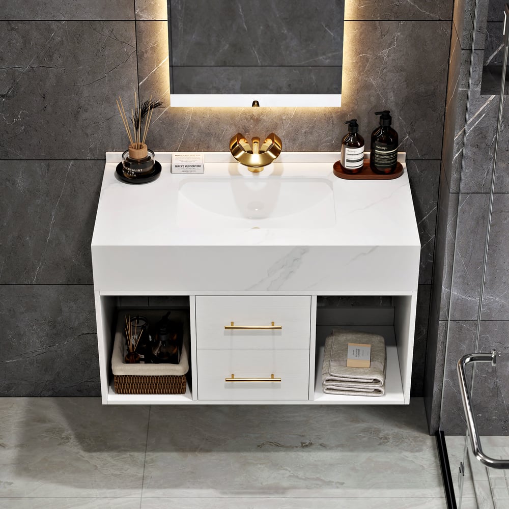 Bathroom Vanity Set 35.4" Modern Floating Sintered Stone Bathroom Vanity White with Sink window image