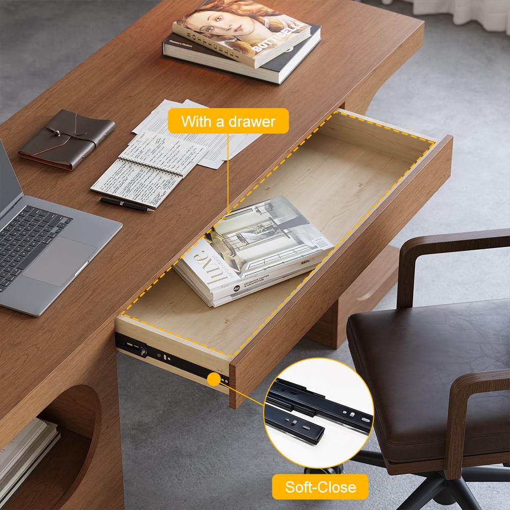 64.2" Modern Walnut Writing Desk with 1 Drawer & 4 Open Shelves window image