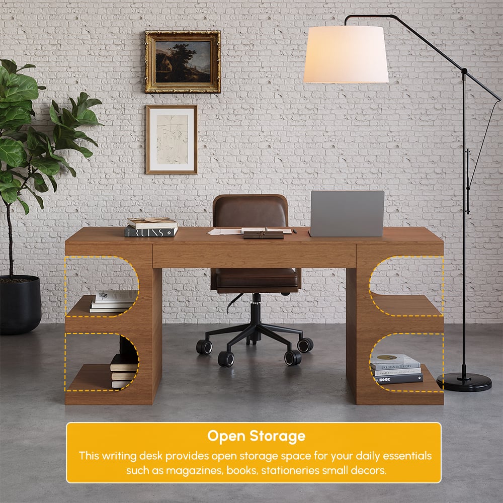 64.2" Modern Walnut Writing Desk with 1 Drawer & 4 Open Shelves window image
