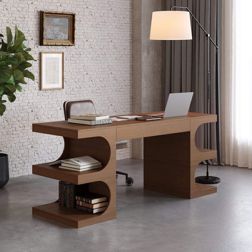 64.2" Modern Walnut Writing Desk with 1 Drawer & 4 Open Shelves window image