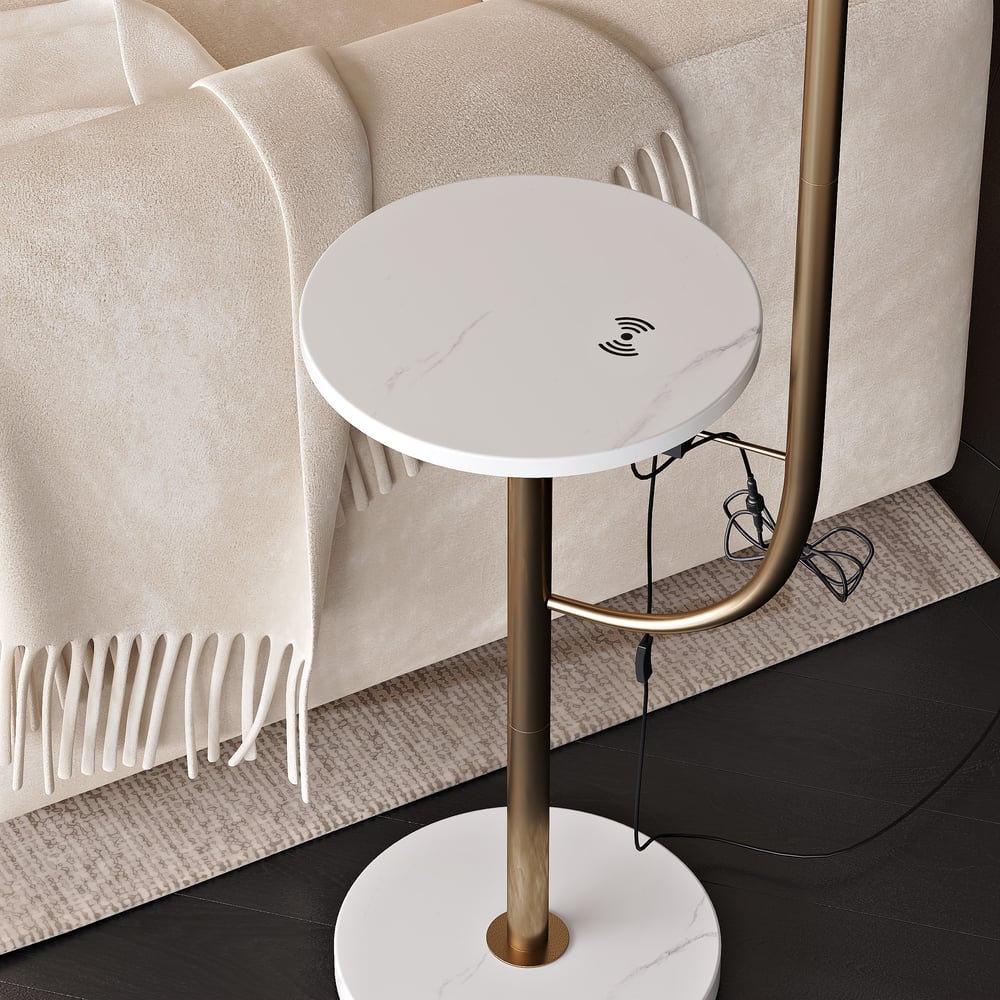 Modern Arc Floor Lamp with Shelf & Wireless Charger & USB Charging Port window image