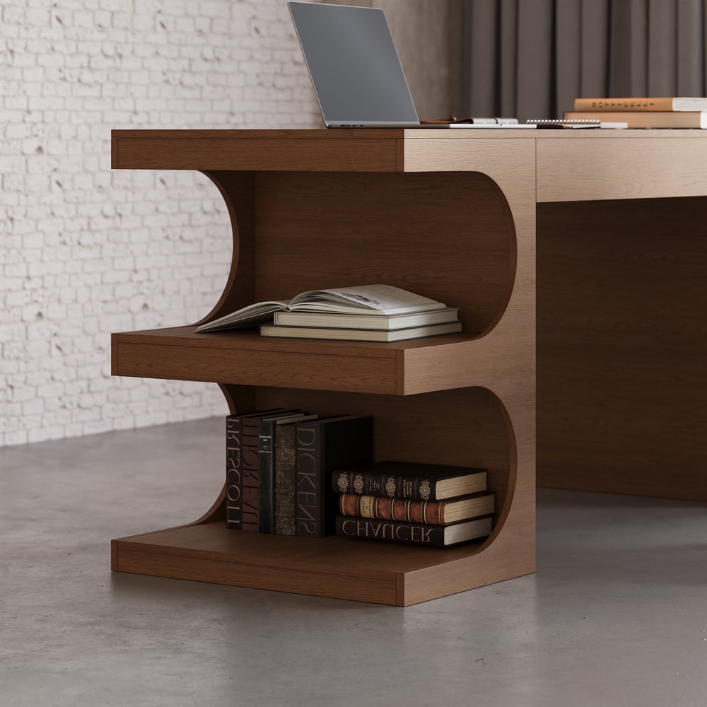 64.2" Modern Walnut Writing Desk with 1 Drawer & 4 Open Shelves window image