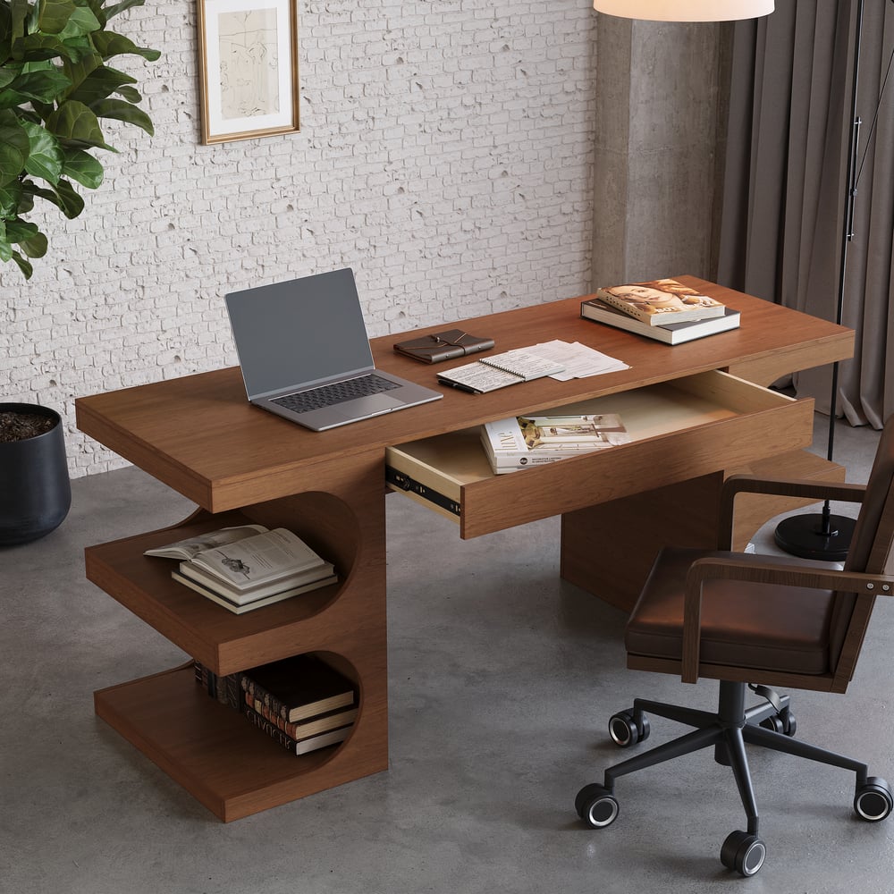 64.2" Modern Walnut Writing Desk with 1 Drawer & 4 Open Shelves window image
