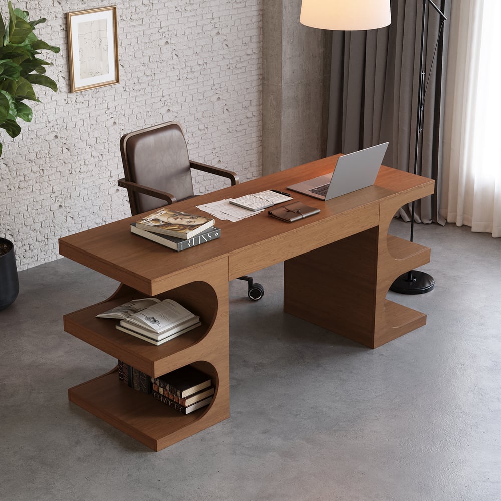 64.2" Modern Walnut Writing Desk with 1 Drawer & 4 Open Shelves window image
