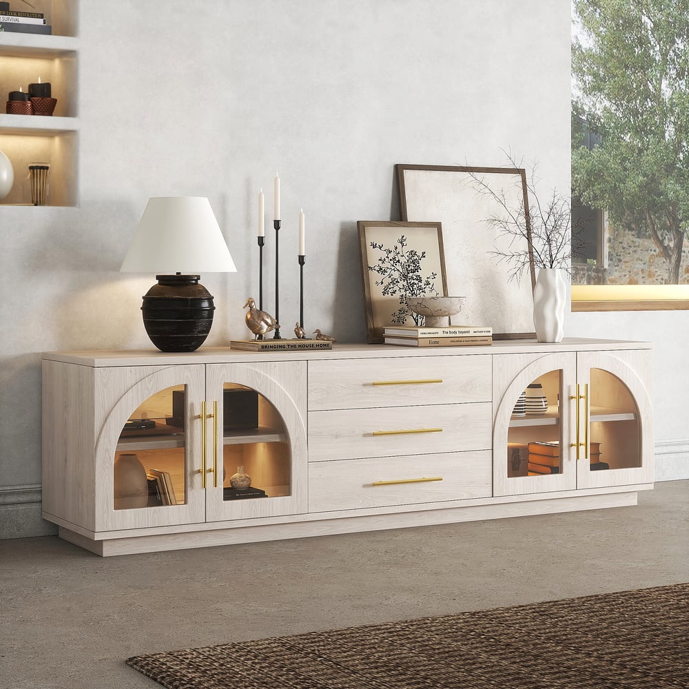 Arune 72" Arched Glass Doors TV Stand with Storage and LED window image