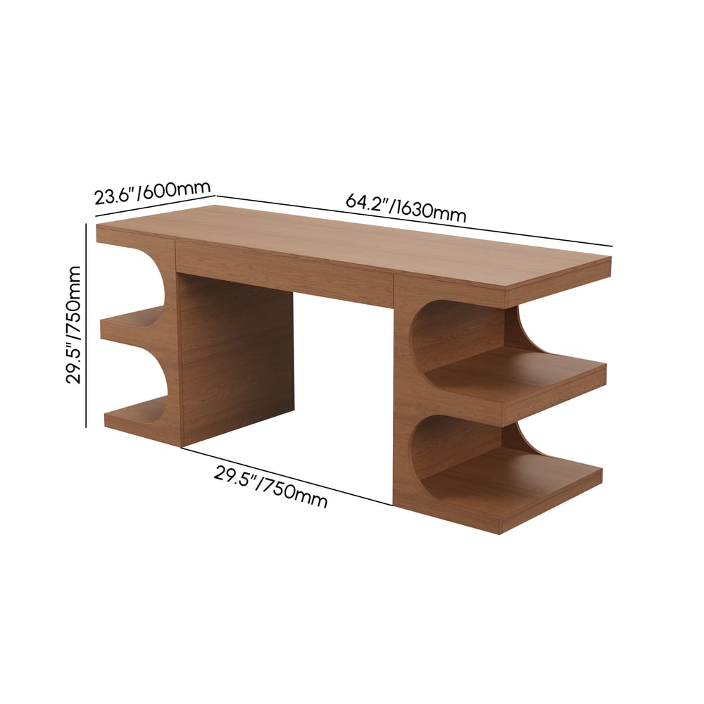 64.2" Modern Walnut Writing Desk with 1 Drawer & 4 Open Shelves weights dimensions image