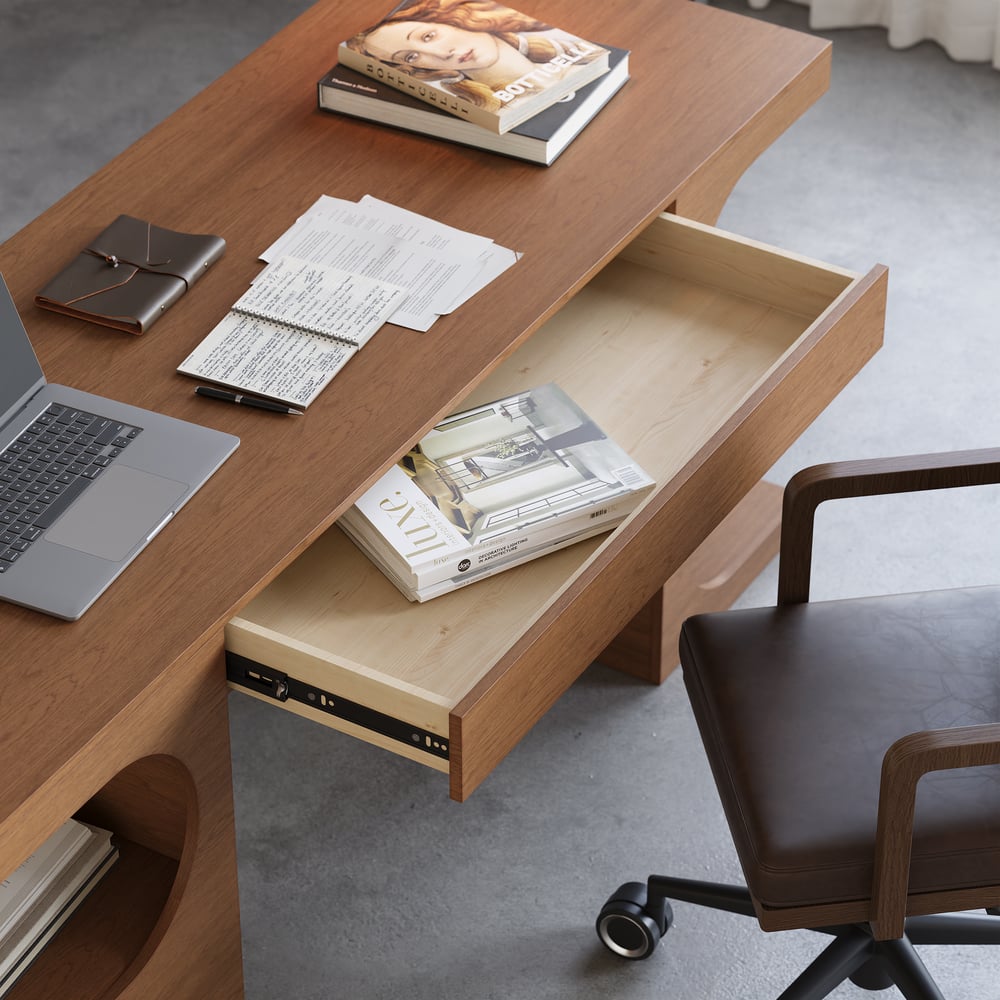 64.2" Modern Walnut Writing Desk with 1 Drawer & 4 Open Shelves window image
