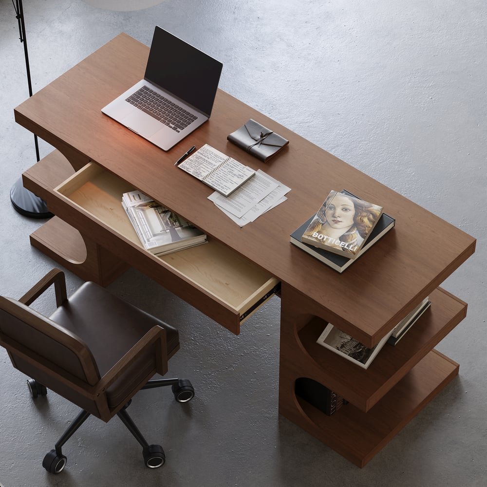 64.2" Modern Walnut Writing Desk with 1 Drawer & 4 Open Shelves window image