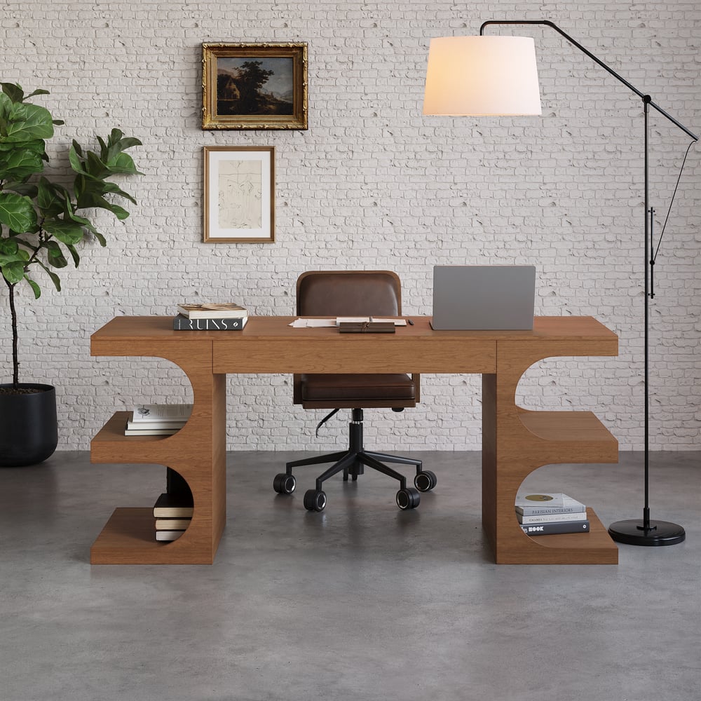 64.2" Modern Walnut Writing Desk with 1 Drawer & 4 Open Shelves window image
