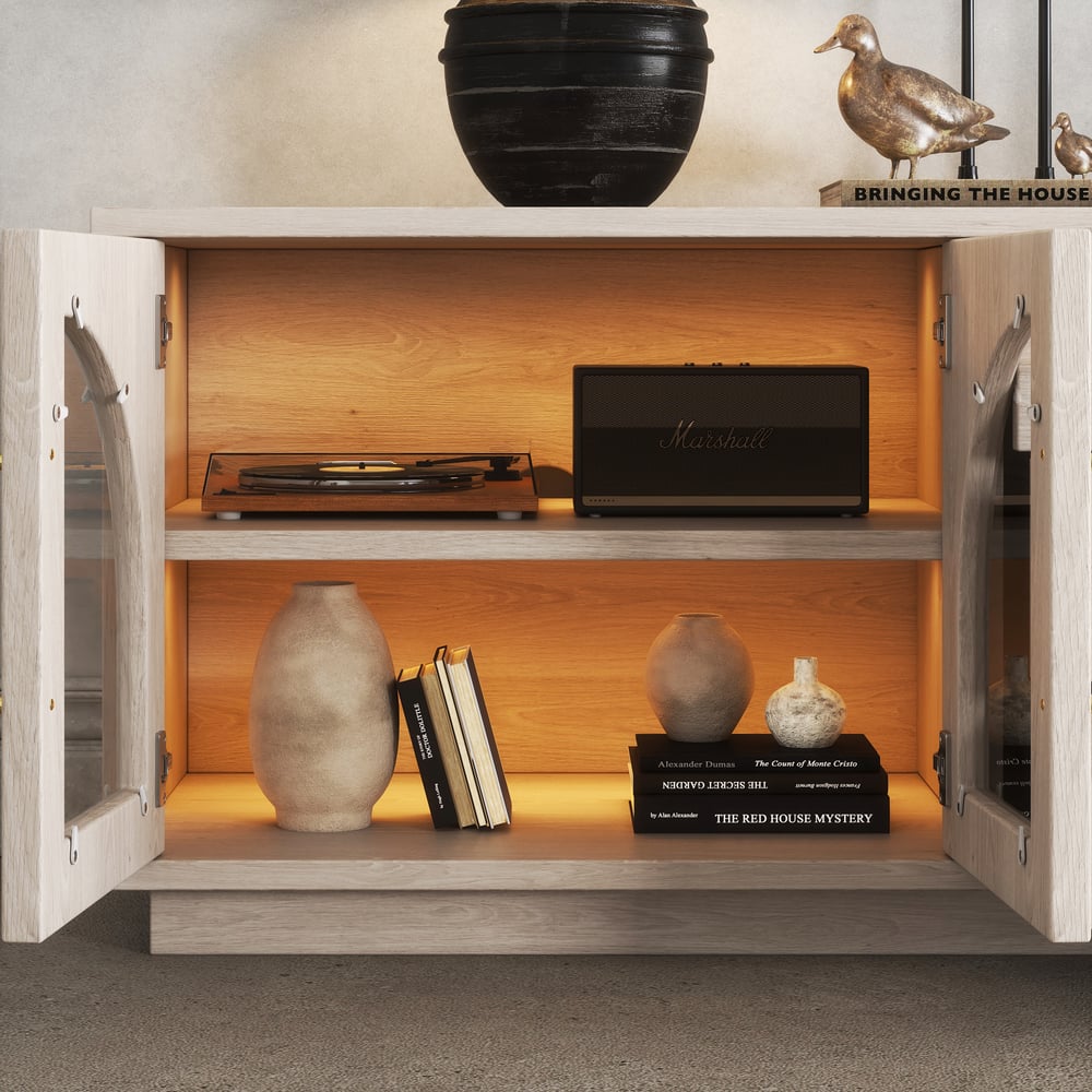 Arune 72" Arched Glass Doors TV Stand with Storage and LED window image