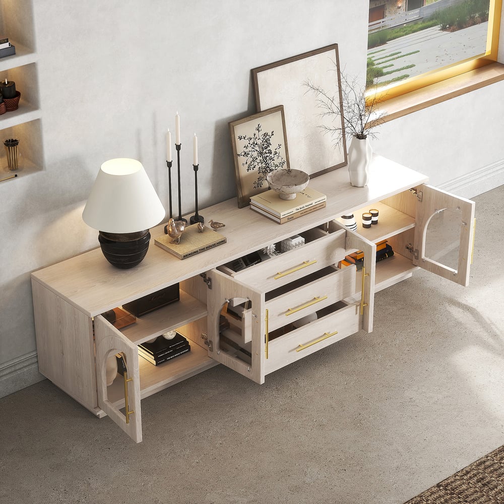 Arune 72" Arched Glass Doors TV Stand with Storage and LED window image