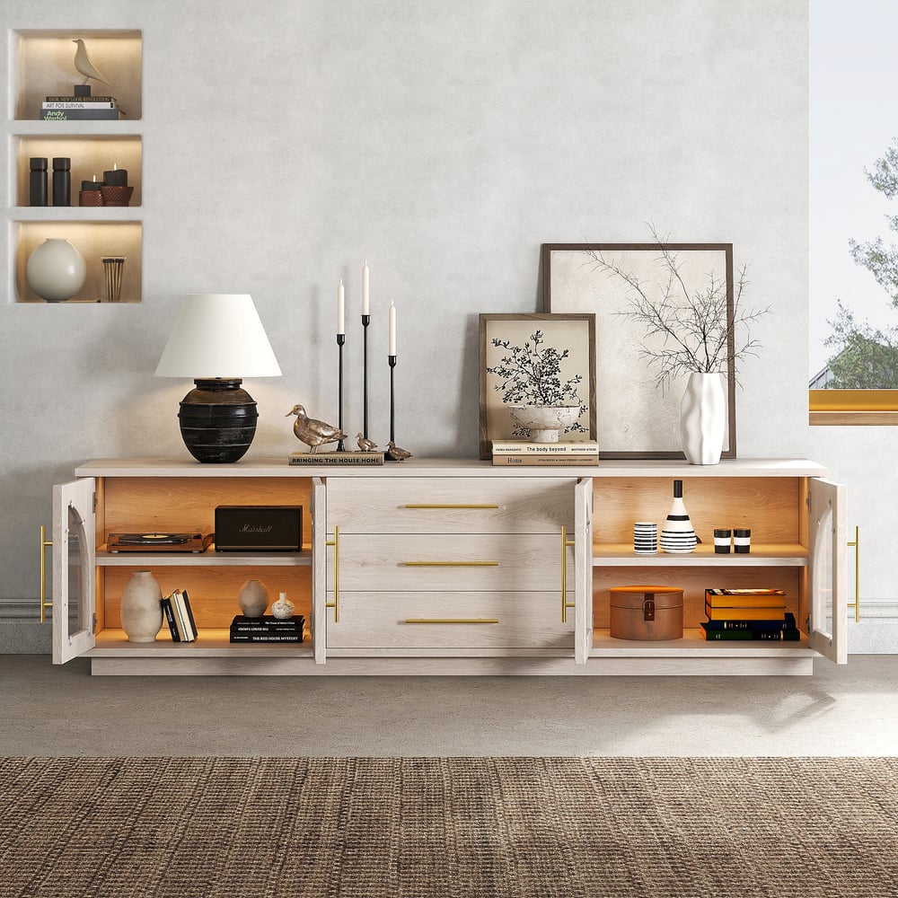 Arune 72" Arched Glass Doors TV Stand with Storage and LED window image