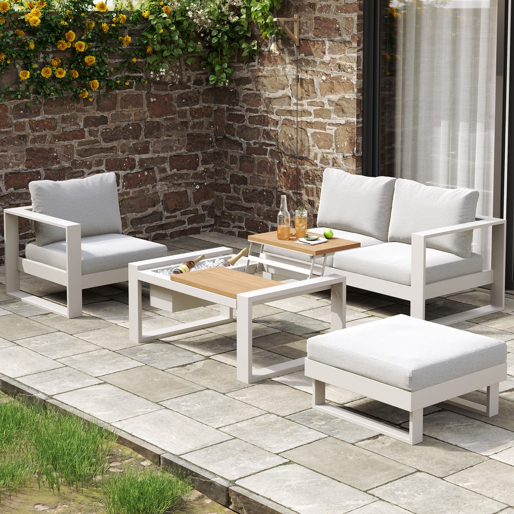 4-Pieces Modular Outdoor Sofa Set Aluminum & Acacia for 4 Person in Light Grey window image