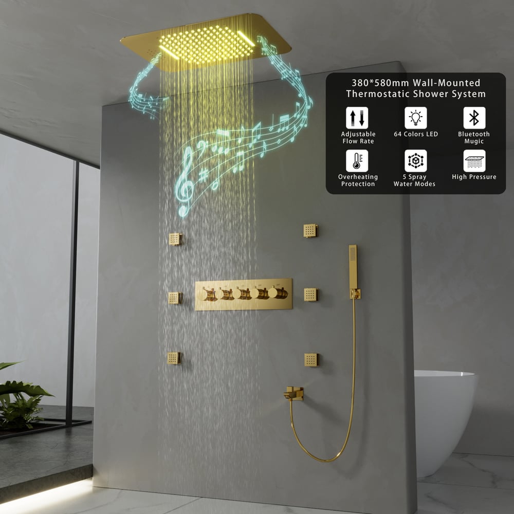 Questions and Answers for Wall-Mounted Shower System in Gold Thermostatic 4 Functions 23"