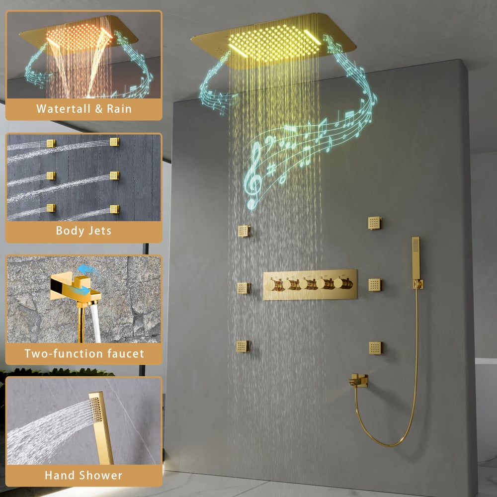 Questions and Answers for Wall-Mounted Shower System in Gold Thermostatic 4 Functions 23"