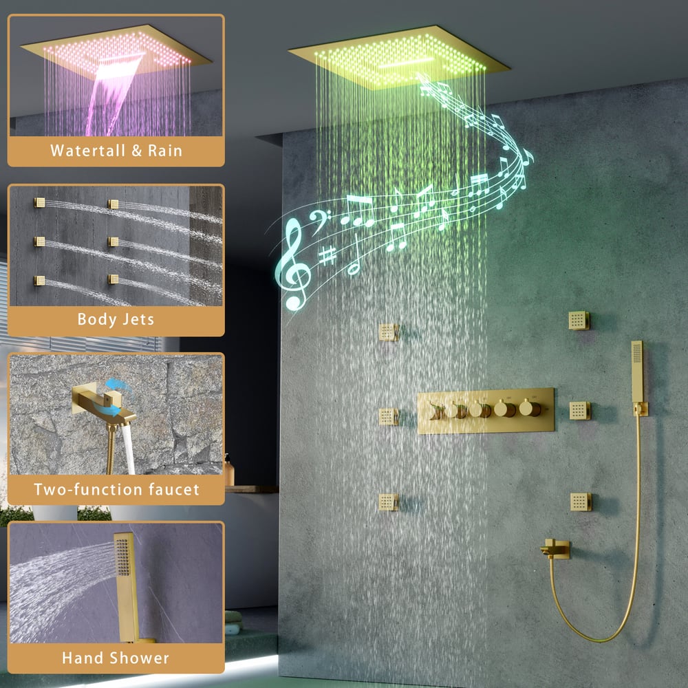 Ceiling-Mounted 16" Shower System in Brushed Gold 4-Function Thermostatic window image