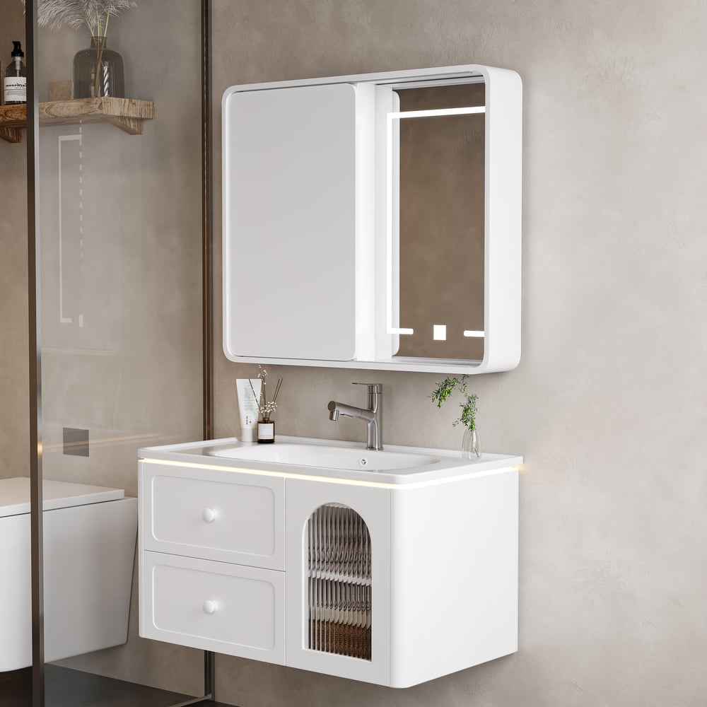 LED Medicine Cabinet Wall-mounted Bathroom Mirror Matte White 800mm window image