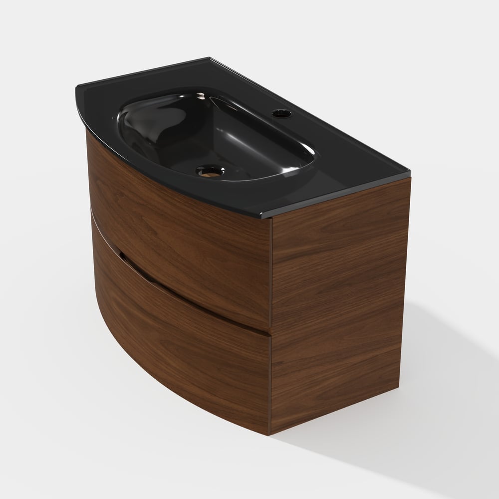 Modern 800mm Floating Bathroom Vanity with One-piece Glass Basin 2 Drawers in Walnut window image