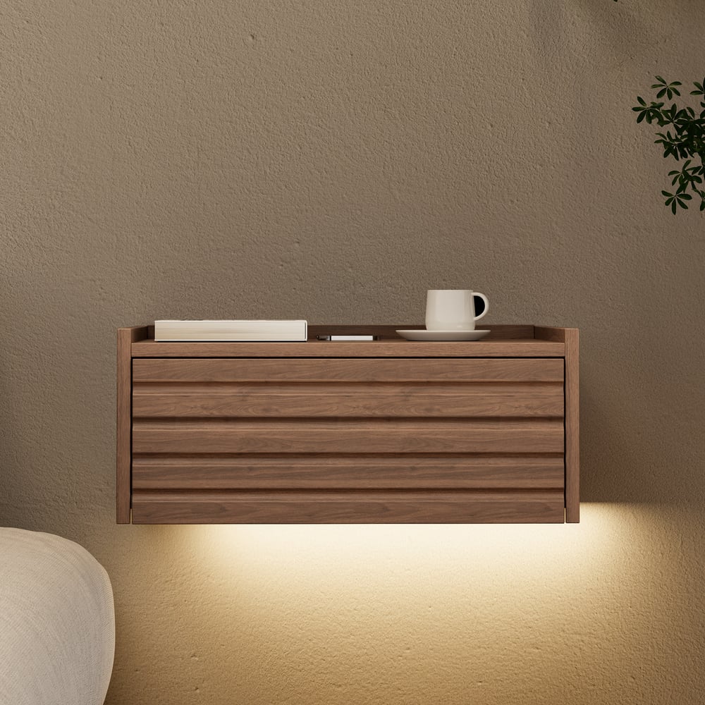 Japanese Style King Low Bed Frame Walnut Floor Bed & Floating Wooden Nightstands Set window image