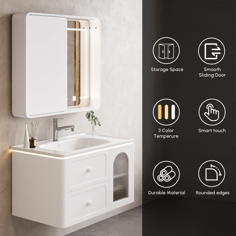 LED Medicine Cabinet Wall-mounted Bathroom Mirror Matte White 800mm window image