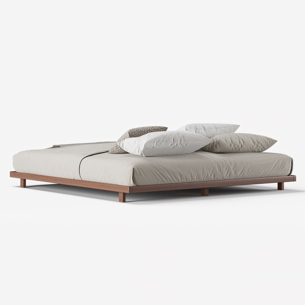 Japanese Style King Low Bed Frame Walnut Floor Bed & Floating Wooden Nightstands Set window image