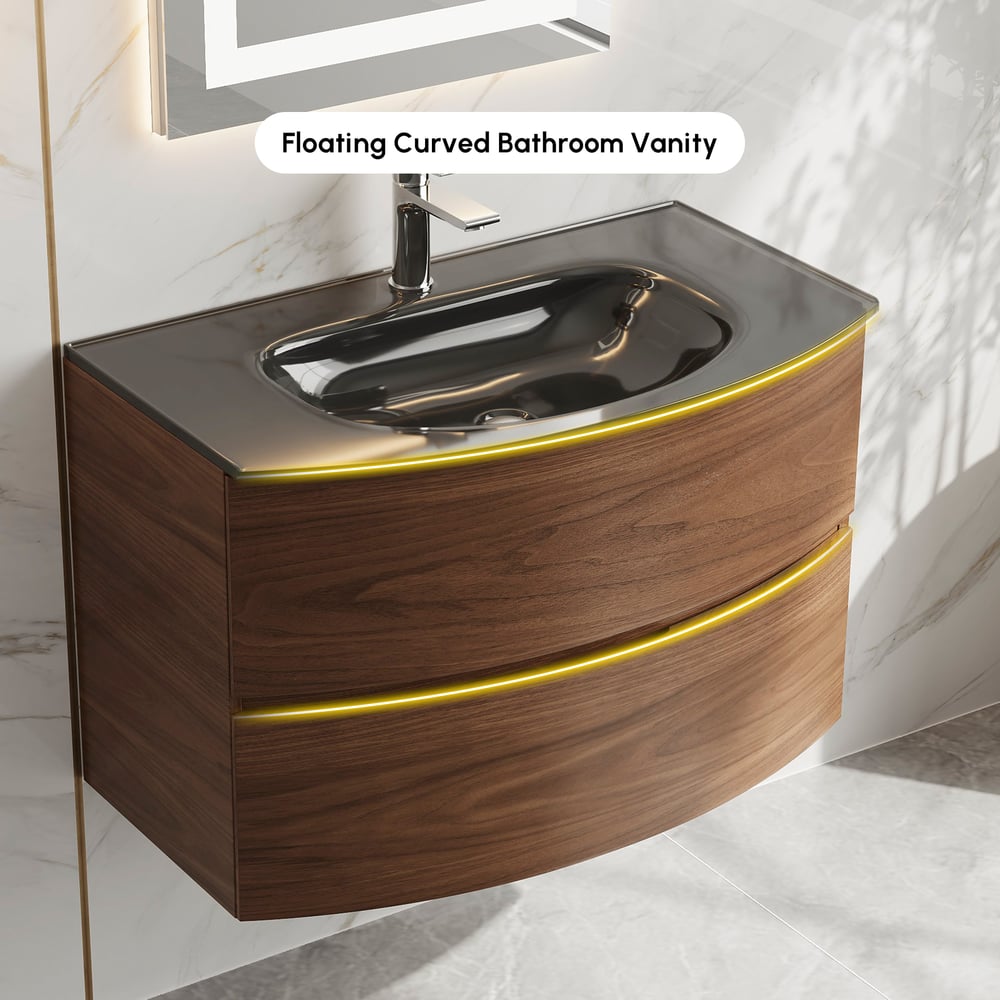 Modern 800mm Floating Bathroom Vanity with One-piece Glass Basin 2 Drawers in Walnut window image