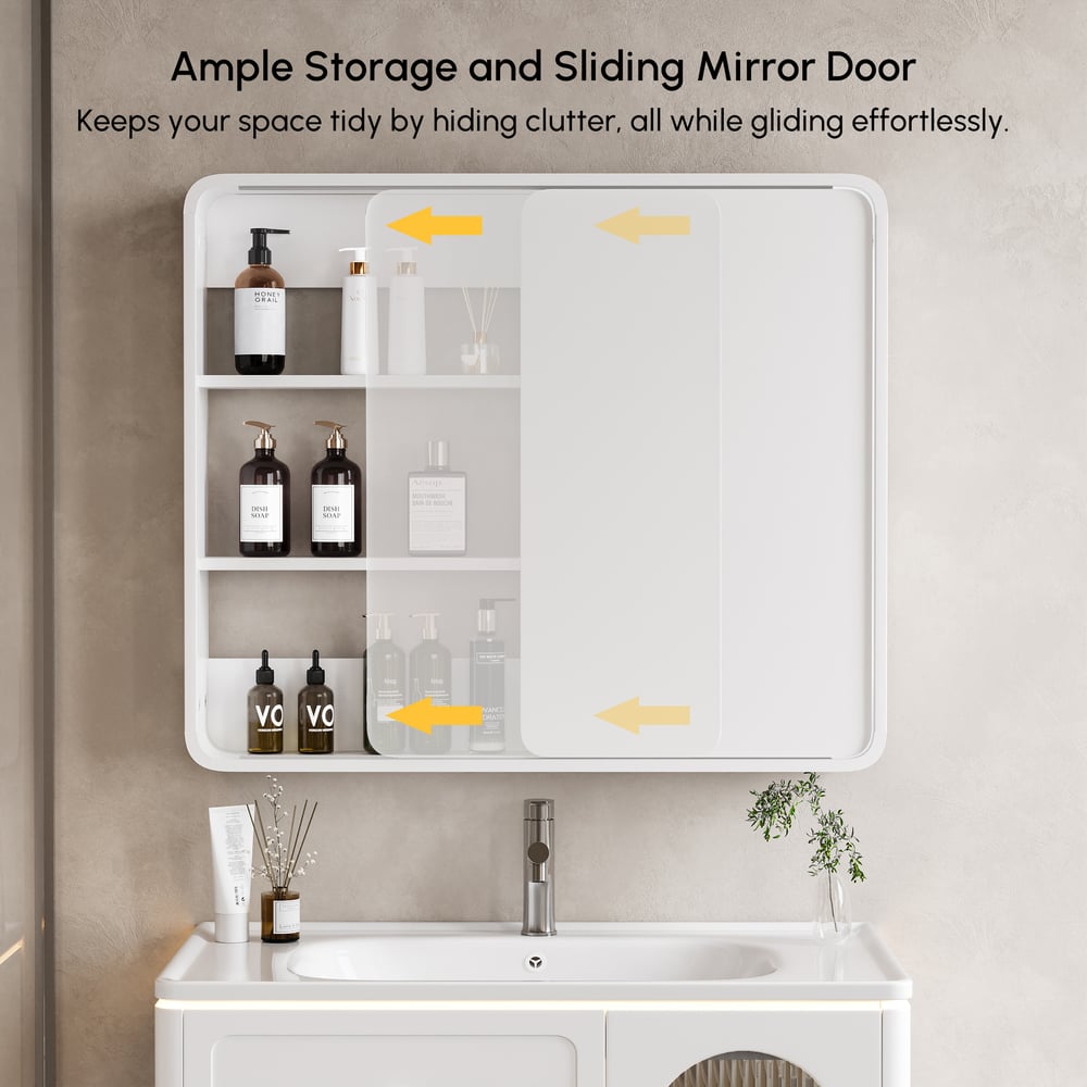 LED Medicine Cabinet Wall-mounted Bathroom Mirror Matte White 800mm window image