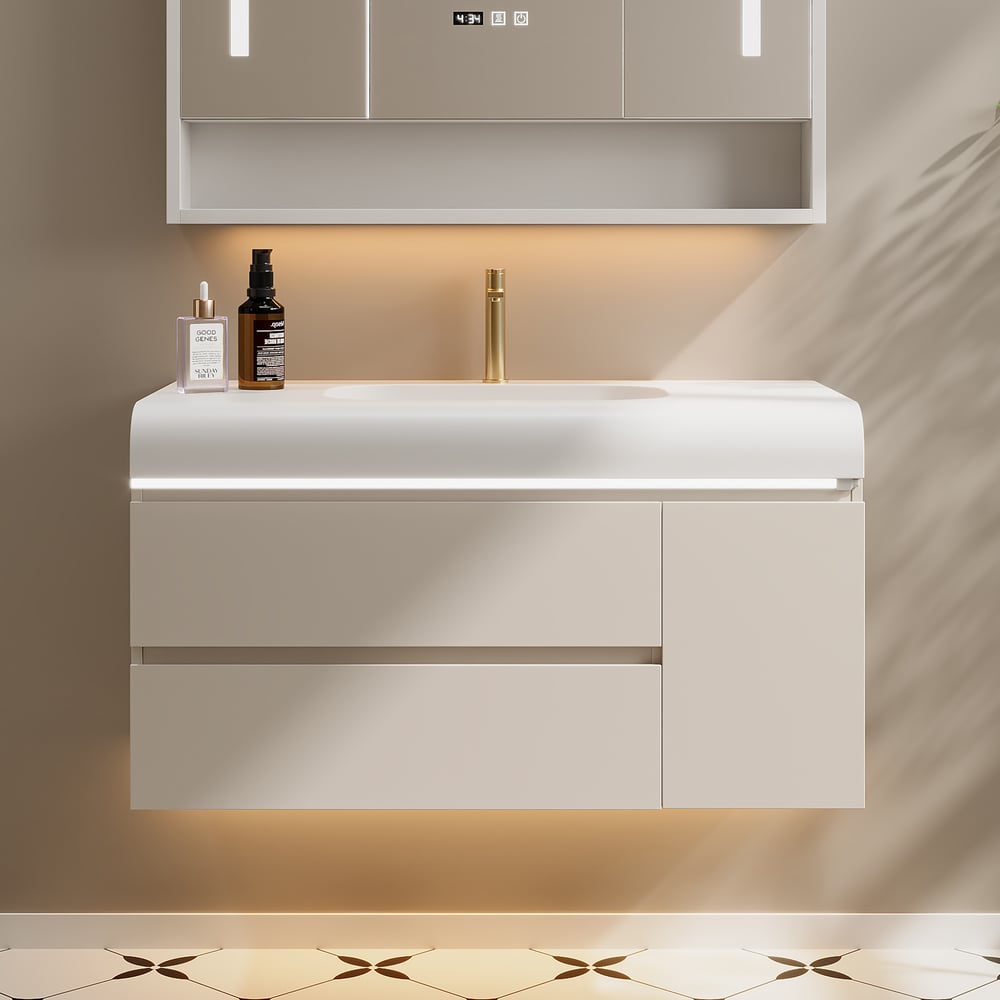 1000mm Wall Hung Soft-Touch Bathroom Vanity with Ample Storages and Adjustable Light window image