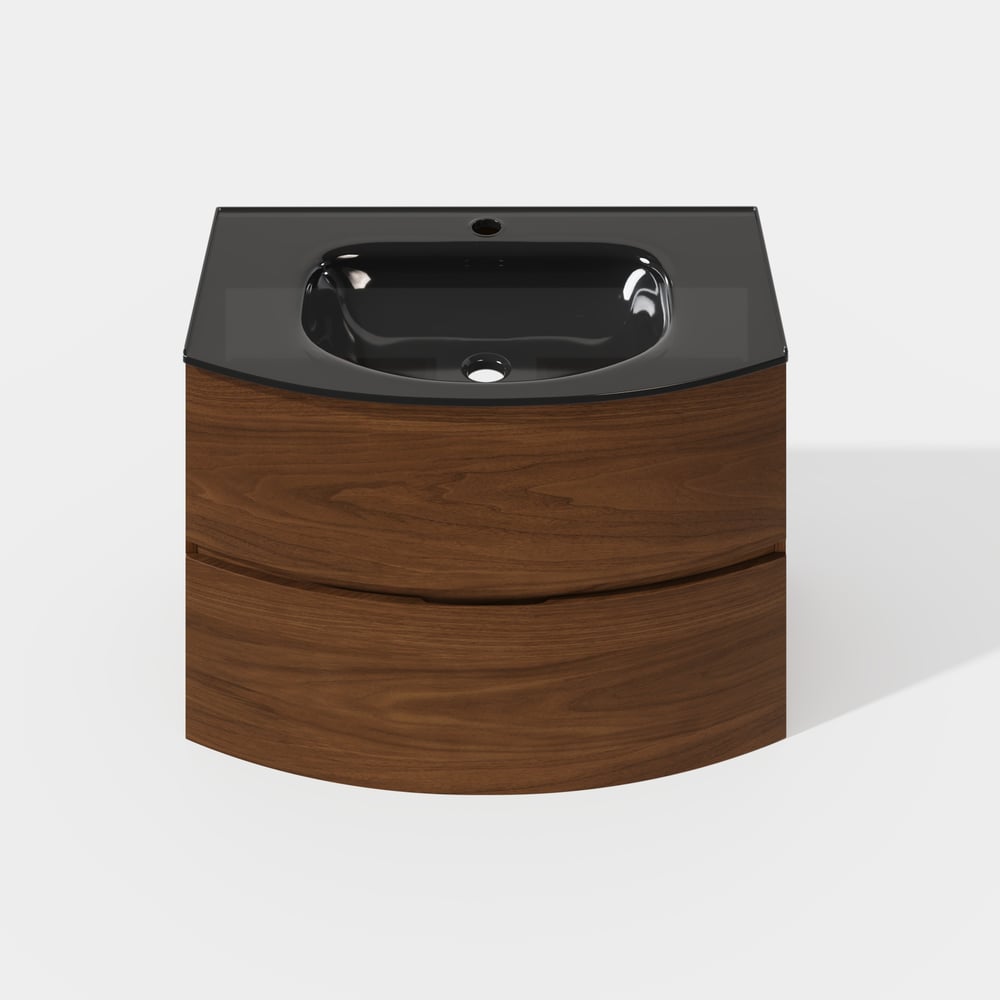 Modern 800mm Floating Bathroom Vanity with One-piece Glass Basin 2 Drawers in Walnut window image