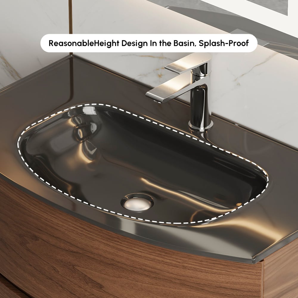 Modern 800mm Floating Bathroom Vanity with One-piece Glass Basin 2 Drawers in Walnut window image