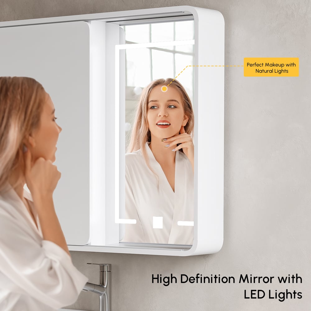 LED Medicine Cabinet Wall-mounted Bathroom Mirror Matte White 800mm window image