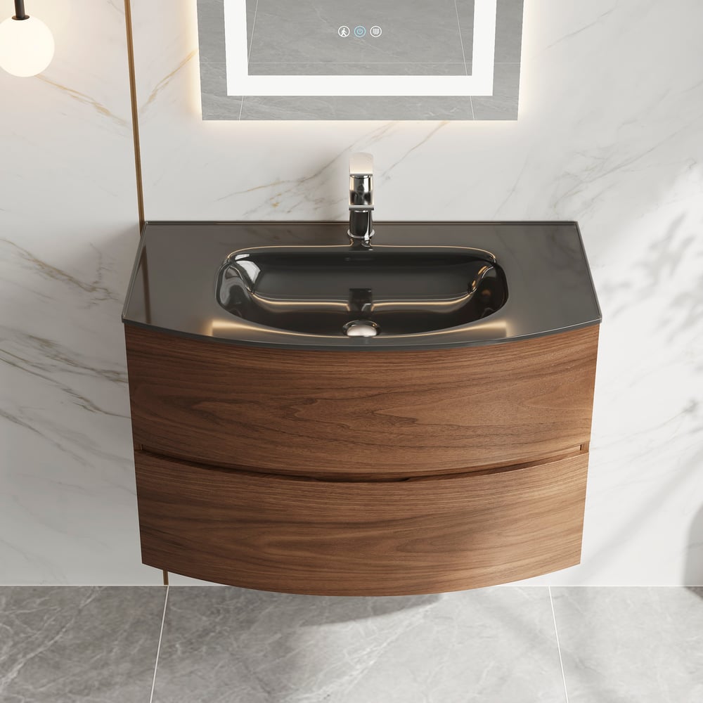 Modern 800mm Floating Bathroom Vanity with One-piece Glass Basin 2 Drawers in Walnut window image