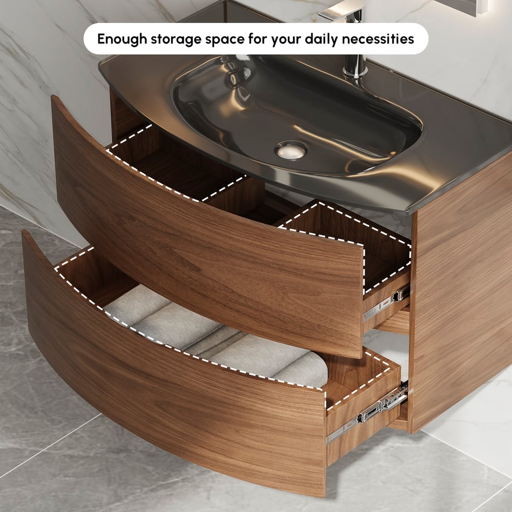 Modern 800mm Floating Bathroom Vanity with One-piece Glass Basin 2 Drawers in Walnut window image