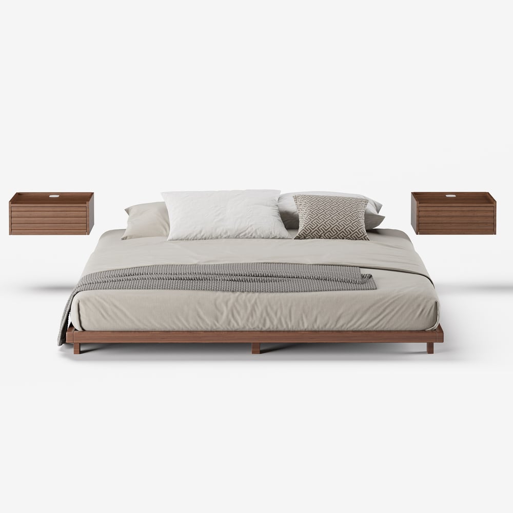 Japanese Style King Low Bed Frame Walnut Floor Bed & Floating Wooden Nightstands Set window image