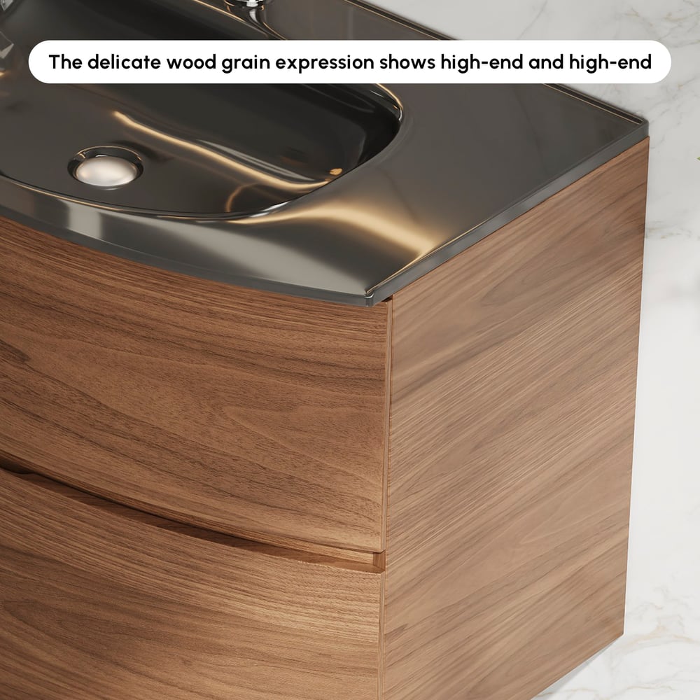 Modern 800mm Floating Bathroom Vanity with One-piece Glass Basin 2 Drawers in Walnut window image