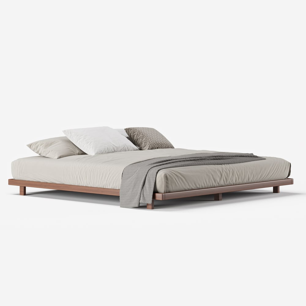 Japanese Style King Low Bed Frame Walnut Floor Bed & Floating Wooden Nightstands Set window image