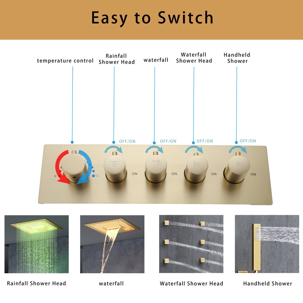 Ceiling-Mounted 16" Shower System in Brushed Gold 4-Function Thermostatic window image