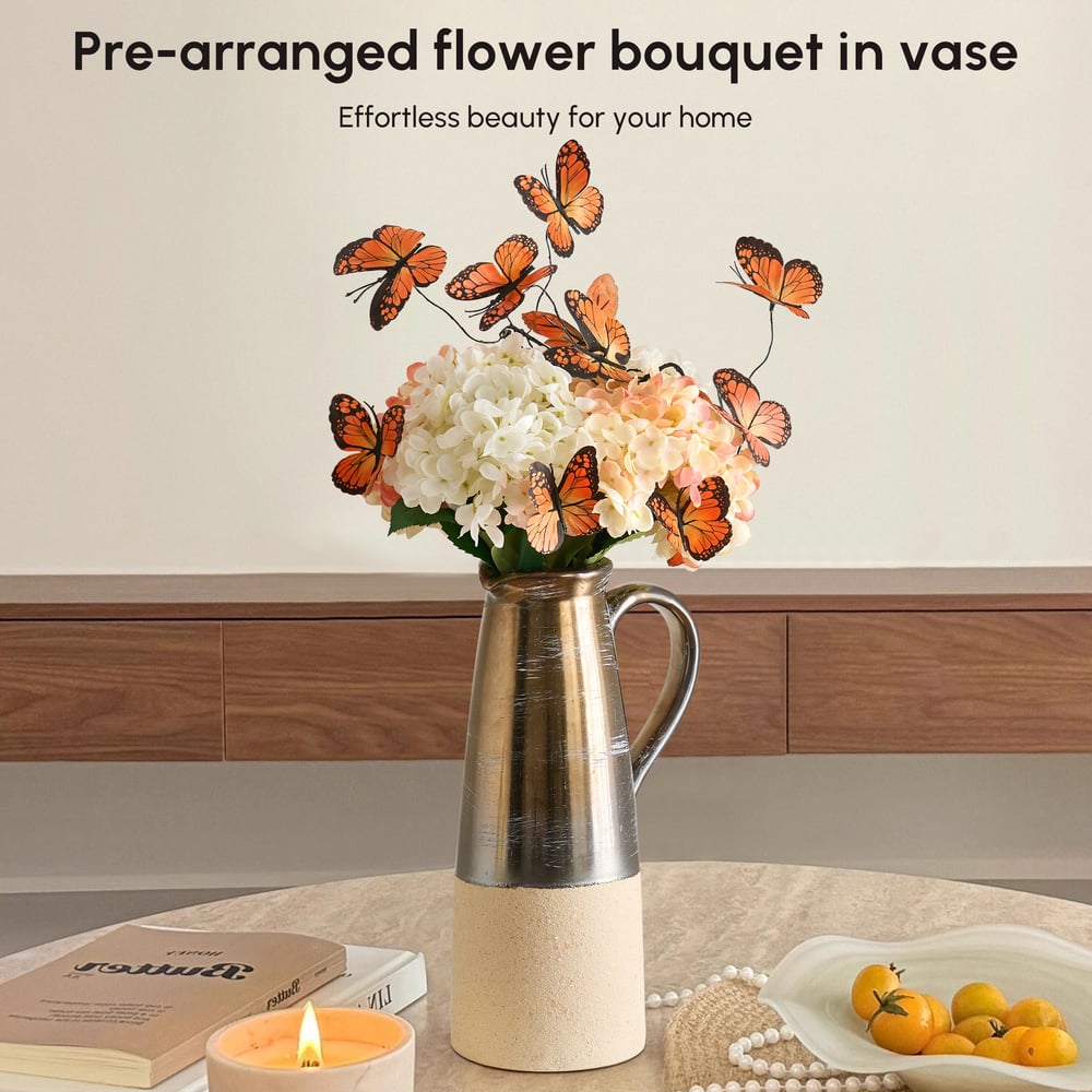 20.5" Artificial Flower Arrangement with Butterflies – Rustic Ceramic Vase with Handle window image