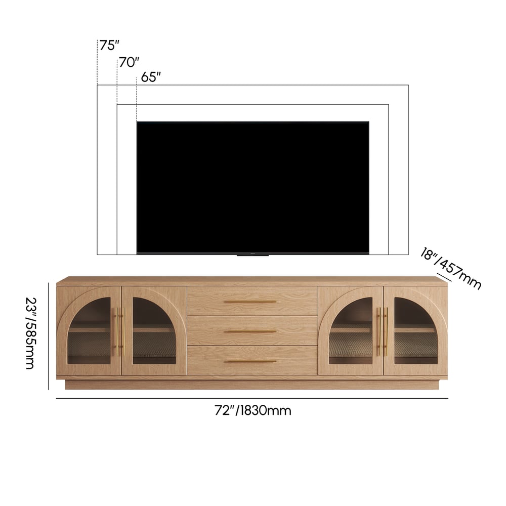 Arune 72" Arched Glass Doors TV Stand with Storage and LED weights dimensions image