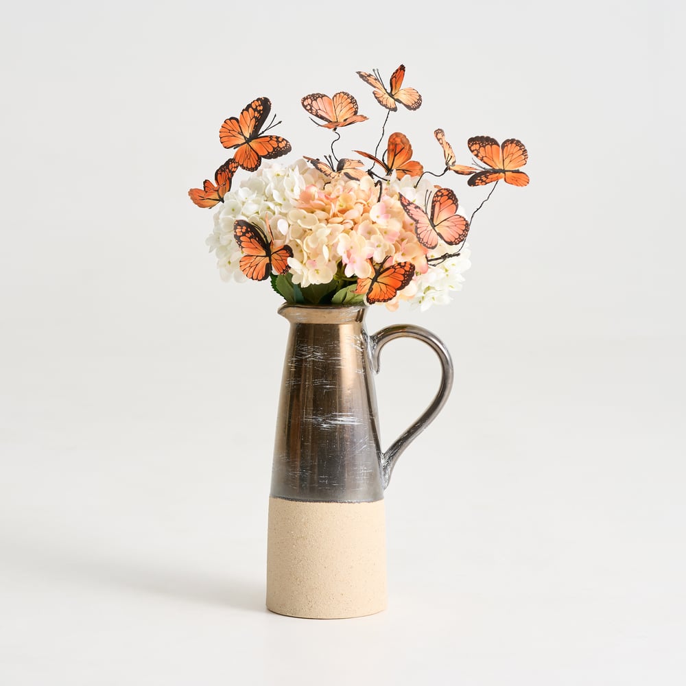 20.5" Artificial Flower Arrangement with Butterflies – Rustic Ceramic Vase with Handle actual image