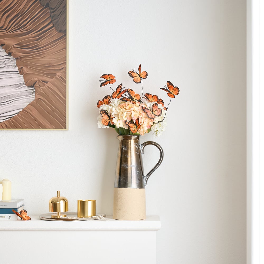20.5" Artificial Flower Arrangement with Butterflies – Rustic Ceramic Vase with Handle window image