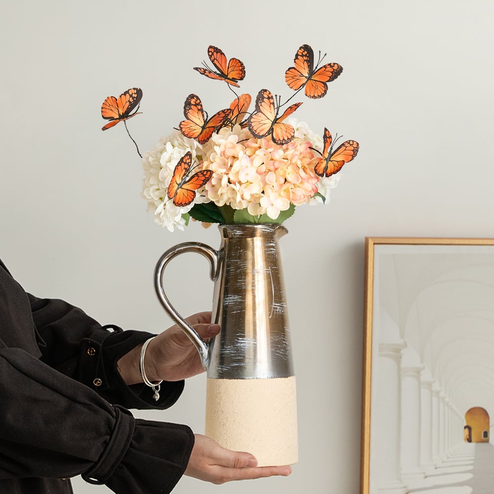 20.5" Artificial Flower Arrangement with Butterflies – Rustic Ceramic Vase with Handle window image