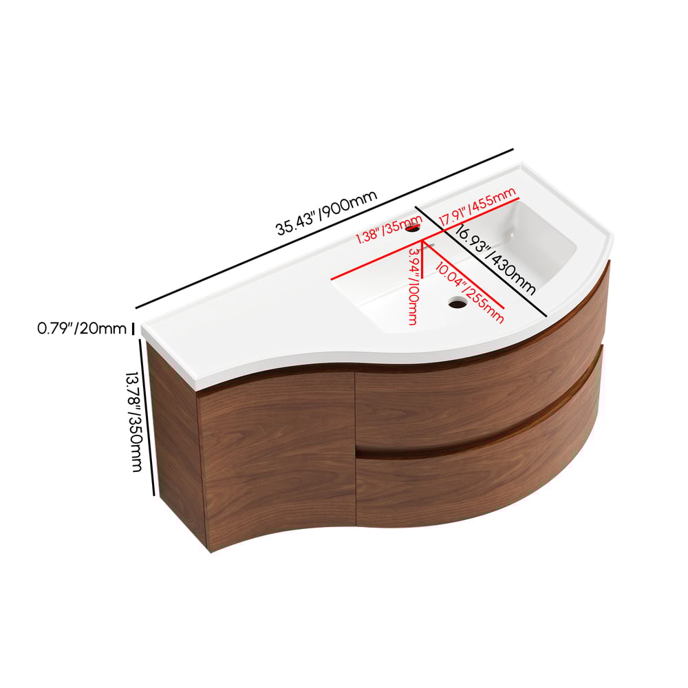 35" Floating Curved Bathroom Vanity Walnut Right Offset Single Sink Bathroom Cabinet weights dimensions image