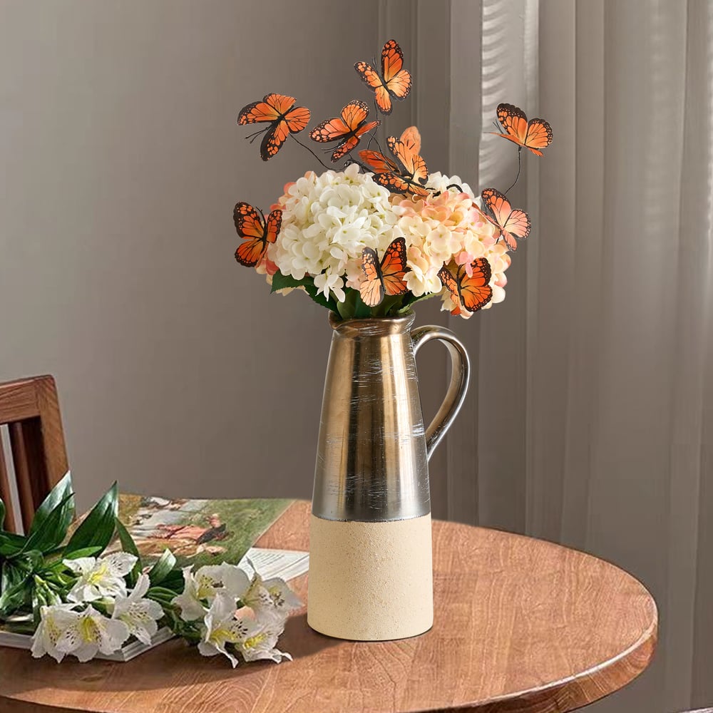 20.5" Artificial Flower Arrangement with Butterflies – Rustic Ceramic Vase with Handle window image