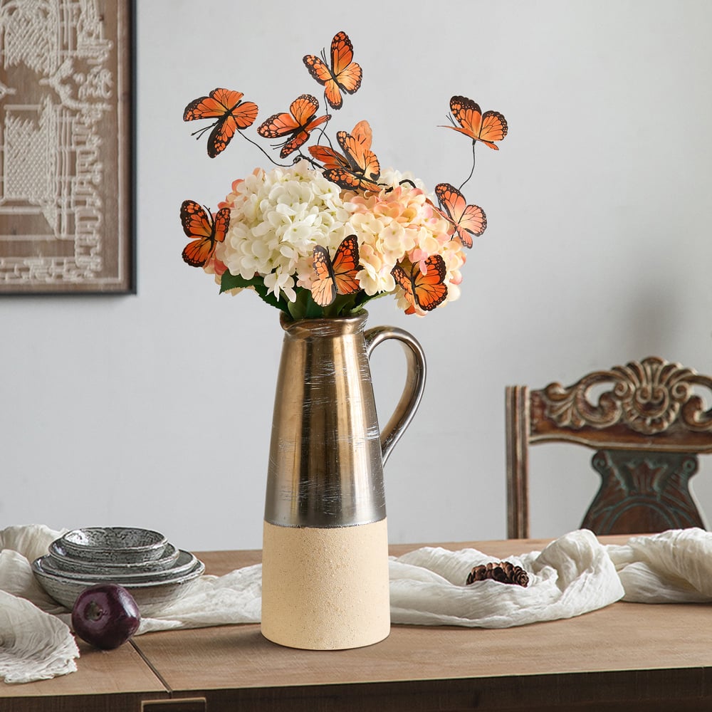 20.5" Artificial Flower Arrangement with Butterflies – Rustic Ceramic Vase with Handle window image