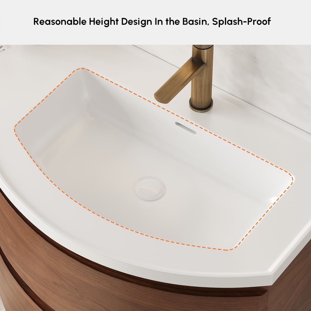35" Floating Curved Bathroom Vanity Walnut Right Offset Single Sink Bathroom Cabinet window image