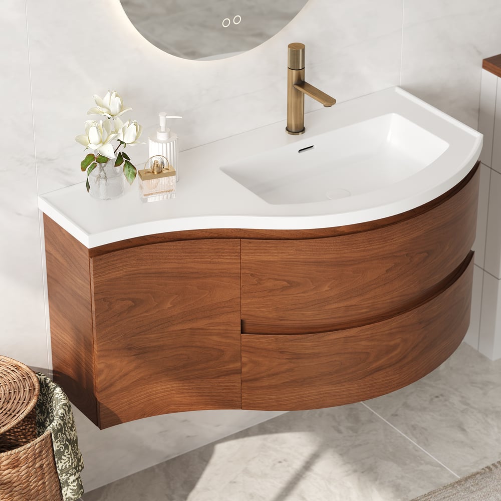35" Floating Curved Bathroom Vanity Walnut Right Offset Single Sink Bathroom Cabinet window image