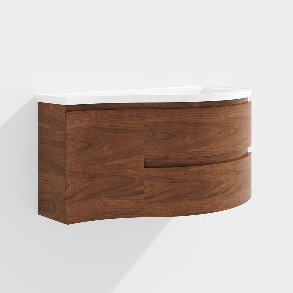 35" Floating Curved Bathroom Vanity Walnut Right Offset Single Sink Bathroom Cabinet window image
